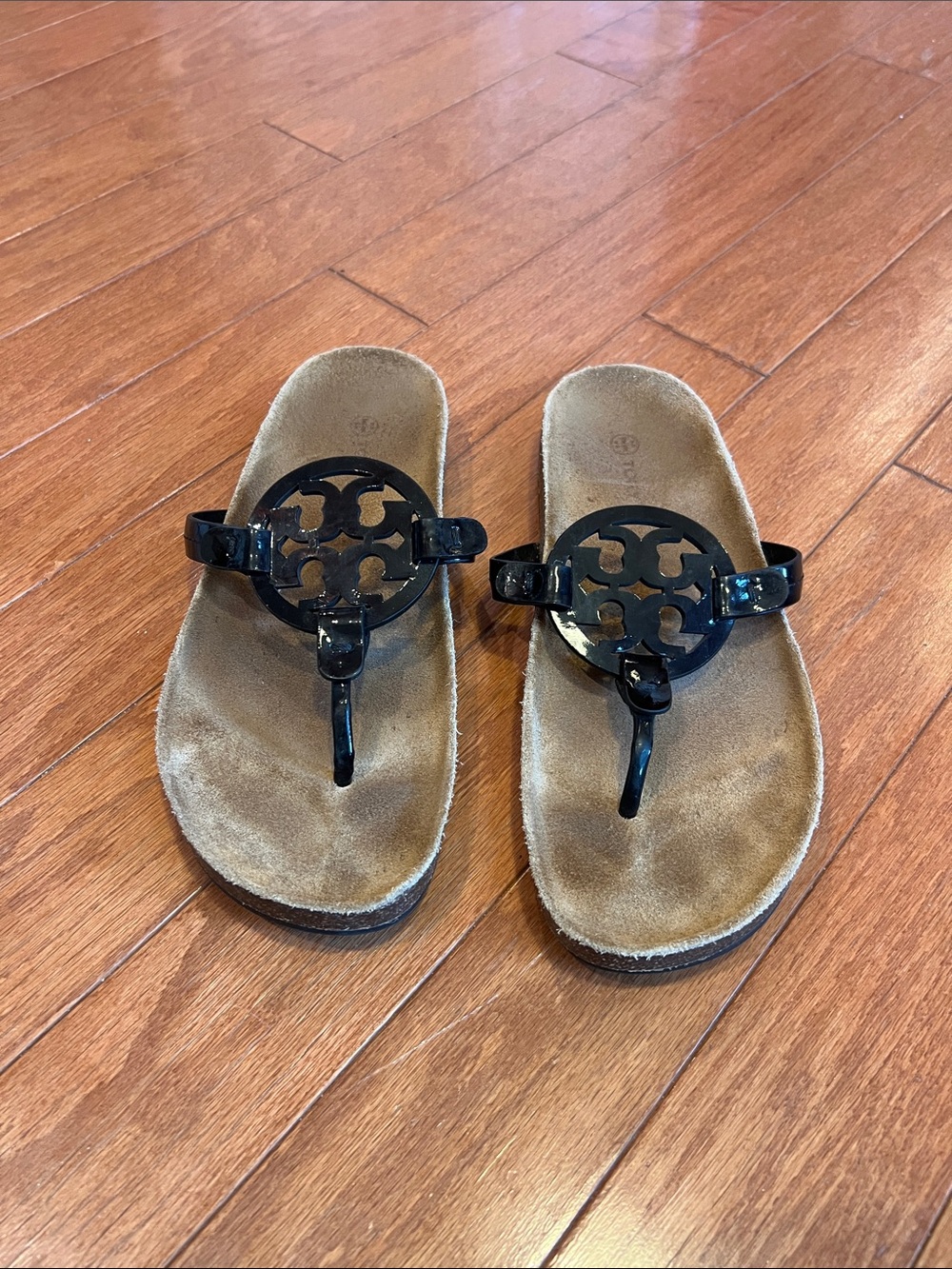 Tory Burch Black Logo Thong Sandals with Tan Footbed